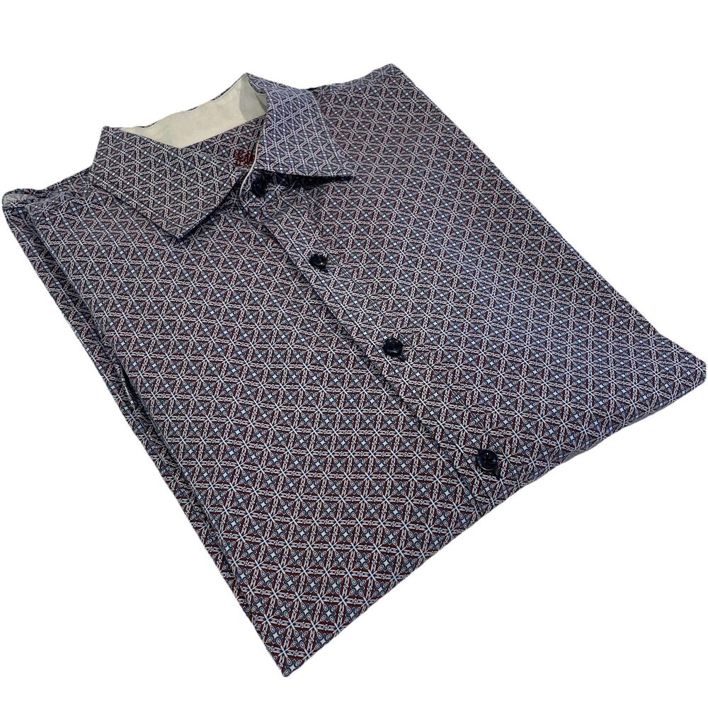 Tasso Elba Blue Burgundy Geometric Print Button Up Reverse Cuff 16- 16 1/2